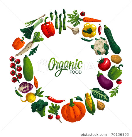 Round shape frame with Vegetables. Variety of decorative vegetables with grain texture isolated on white. Organic food round composition for restaurant menu, market label. Vector illustration. Round shape frame with Vegetables. Variety of decorative vegetables with grain texture isolated on white. Organic food round composition for restaurant menu, market label. Vector illustration. 70136593