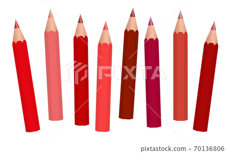 Red pencils, colored crayons - short reddish pencils loosely arranged, different reds - isolated vector illustration on white background. 70136806