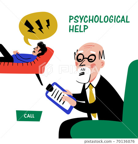 Psychology. Psychological help web banner. Doctor and patient, a man lying on sofa and talking to therapist. Naive style flat vector illustration. Psychology. Psychological help web banner. Doctor and patient, a man lying on sofa and talking to therapist. Naive style flat vector illustration. 70136876