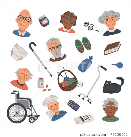 Senior lifestyle flat icons set with elderly people portraits and elements. Nursing home. Senior people healthcare assistance flat Vector illustration. Senior lifestyle flat icons set with elderly people portraits and elements. Nursing home. Senior people healthcare assistance flat Vector illustration. 70136951