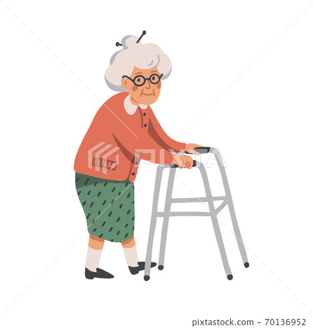 Elderly woman. Old lady character with paddle walker on white background. Senior woman flat Vector illustration. 70136952