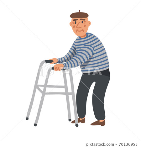 Elderly man. Old man character with paddle walker on white background. Senior man flat Vector illustration. 70136953