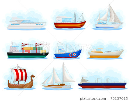 Water Transport with Luxury Yacht and Cargo Ship Vector Set Water Transport with Luxury Yacht and Cargo Ship Vector Set 70137015