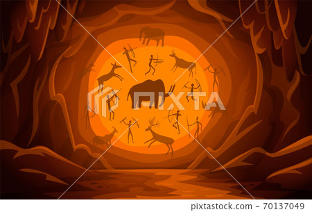 Cave with cave drawings. Cartoon mountain scene 70137049
