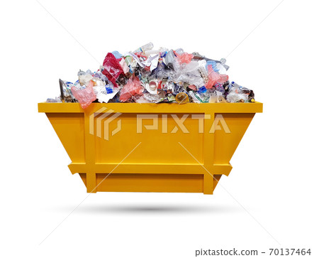 Plastic garbage on a yellow tank 70137464