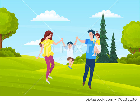 Father, mom and kid walk on countryside. Bushes, trees, summer landscape. Cartoon flat nature image Father, mom and kid walk on countryside. Bushes, trees, summer landscape. Cartoon flat nature image 70138130