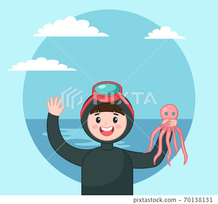 Diver isolated icon portrait of diver in diving mask holding octopus at background of sea and sky Diver isolated icon portrait of diver in diving mask holding octopus at background of sea and sky 70138131