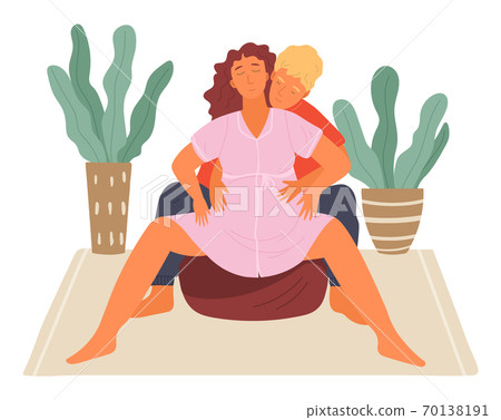Birth position technique on fitball, man husband help pregnant woman wife during birth pains 70138191