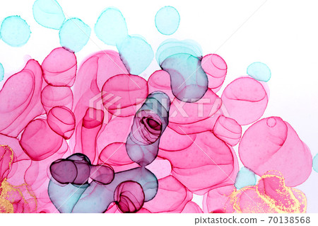 Green and pink pattern isolated on white background. Transparent watercolor texture. Pink, green and gold drops illustration. 70138568