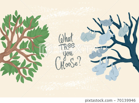 Green tree with leaves and tree with plastic bags. Vector illustration Green tree with leaves and tree with plastic bags. Vector illustration 70139946