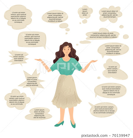 Woman around thoughts bubbles. Thinking of choice.. Vector illustration Woman around thoughts bubbles. Thinking of choice.. Vector illustration 70139947