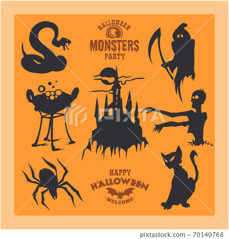 Set of monsters for Halloween. A collection of black silhouettes of mystical creatures. Vector illustration of monsters and witches. Set of monsters for Halloween. A collection of black silhouettes of mystical creatures. Vector illustration of monsters and witches. 70140768