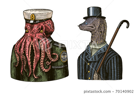 Octopus sailor. Sea captain and Muraena eels. Fashion Animal character. Nautical Seaman or nautical 70140902