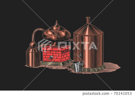 Distilled alcohol. Device for preparing tequila, cognac and spirits. Engraved hand drawn vintage Distilled alcohol. Device for preparing tequila, cognac and spirits. Engraved hand drawn vintage 70141053