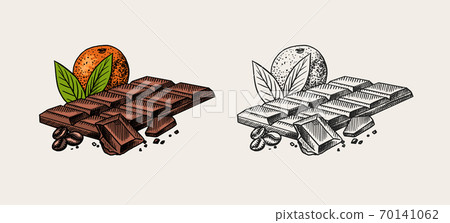 Chocolate bar with orange and coffee beans. Engraved hand drawn vintage sketch. Woodcut style.  70141062