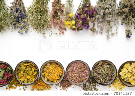 Medicinal plants bunches and row of bowls with dry medicinal herbs on white background. Top view, flat lay. Alternative medicine. Copy space for text. Medicinal plants bunches and row of bowls with dry medicinal herbs on white background. Top view, flat lay. Alternative medicine. Copy space for text. 70141127