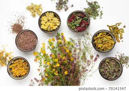 Bunch of medicinal plants and bowls of dry medicinal herbs on white background. Top view, flat lay. Alternative medicine. 70141347