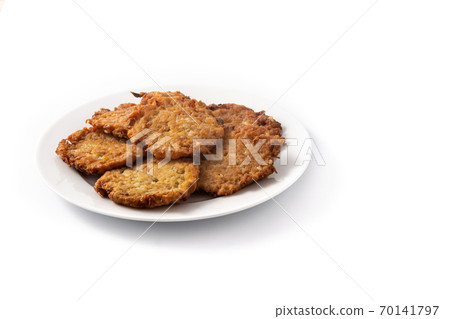 Traditional Jewish latkes or potato pancakes isolated on white background.Copy space 70141797