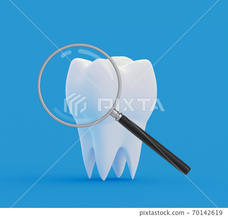 Tooth under a magnifying glass. Research and diagnosis of teeth diseases concept. 3d illustration 70142619