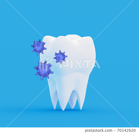 Tooth with abstract bacterias. Research and diagnosis of teeth diseases concept. 3d illustration 70142620