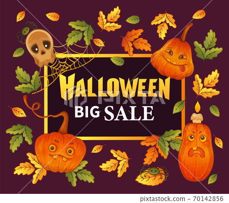Halloween big sale. Hand drawn funny pumpkins, skull, autumn leaves with lettering.  Special promotional offer for autumn holiday shopping, discount. Vector 70142856