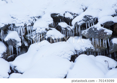 Row of frosty icicles in nature Row of frosty icicles in nature 70143099