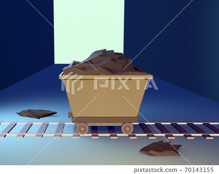 Coal trolley on rails in the mine. 3d illustration Coal trolley on rails in the mine. 3d illustration 70143155