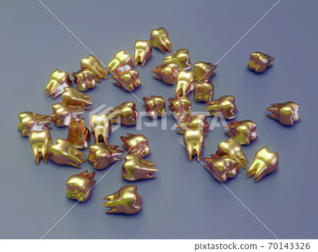 Golden molar teeth, gold crown teeth on table. 3d illustration 70143326
