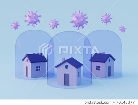 Houses under Transparent glass dome and virus cells. Stay home concept. Coronavirus protection. Quarantine, Isolation. 3d illustration 70143377