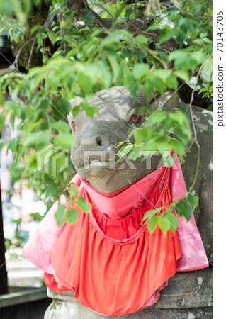 北野天滿宮，一隻紅眼睛的牛的鼻子穿過新鮮的綠色 70143705