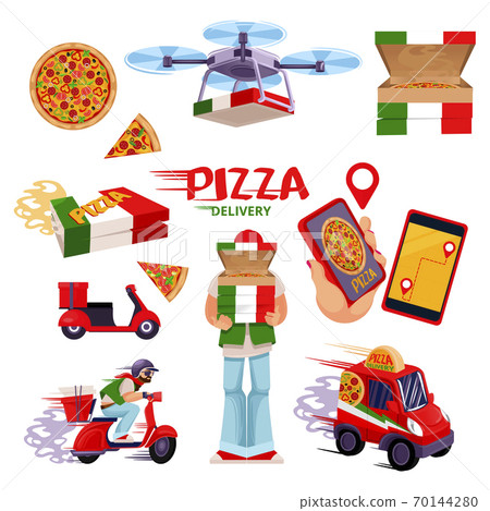 Cartoon Color Pizza Delivery Service Icons Set. Vector Cartoon Color Pizza Delivery Service Icons Set. Vector 70144280