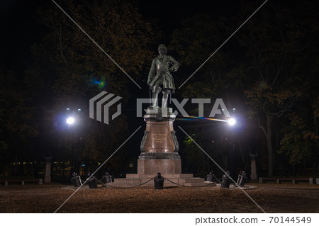 Russia. Kronshtadt. Autumn night photo of the monument to Peter the Great in Petrovsky Park. Russia. Kronshtadt. Autumn night photo of the monument to Peter the Great in Petrovsky Park. 70144549