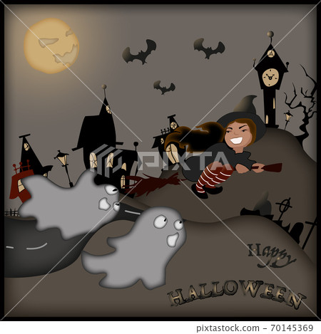 Happy halloween card with witch and ghosts 70145369