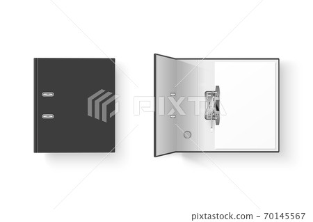 Vector 3d Closed and Opened Realistic Black Blank Office Binder Set with Metal Rings with A4 Paper Sheet Closeup Isolated on White Background. Design Template, Mockup, Top View 70145567