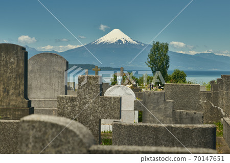 Cementery at Llanguihue lake and Osorno Volcano, Puerto Varas, Chile, South America. 70147651