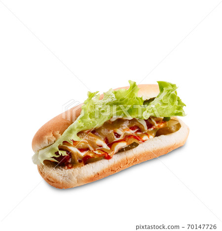 Hotdog with sausage and fresh salad Hotdog with sausage and fresh salad 70147726