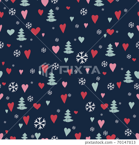 Seamless pattern with cute forest. Pine trees, hearts, Christmas trees, fir, snowflake. Vector Seamless pattern with cute forest. Pine trees, hearts, Christmas trees, fir, snowflake. Vector 70147813