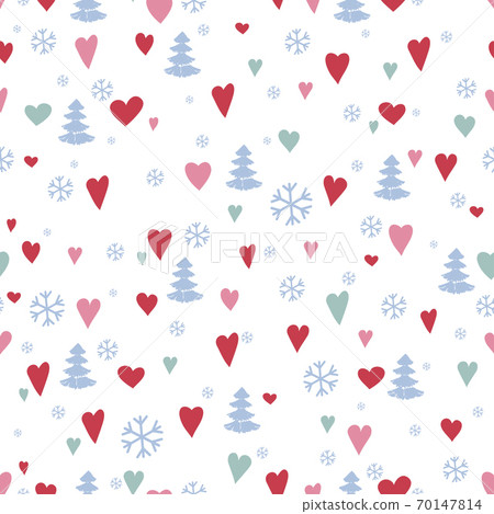Seamless pattern with cute forest. Pine trees, hearts, Christmas trees, fir, snowflake. Vector Seamless pattern with cute forest. Pine trees, hearts, Christmas trees, fir, snowflake. Vector 70147814