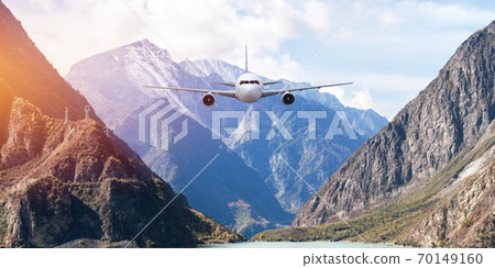 Front of real plane aircraft, isolated on snow mountain view background 70149160