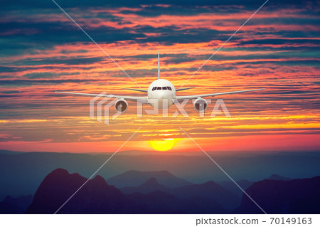 Front of real plane aircraft, isolated on sunset view background 70149163