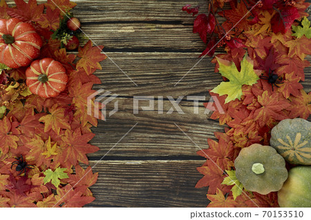Top view Autumn leaves and pumpkins wooden Top view Autumn leaves and pumpkins wooden 70153510