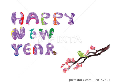 新年快樂的水彩字母和Uguisu的新年賀卡棲息在梅花樹枝上 新年快樂的水彩字母和Uguisu的新年賀卡棲息在梅花樹枝上 70157497