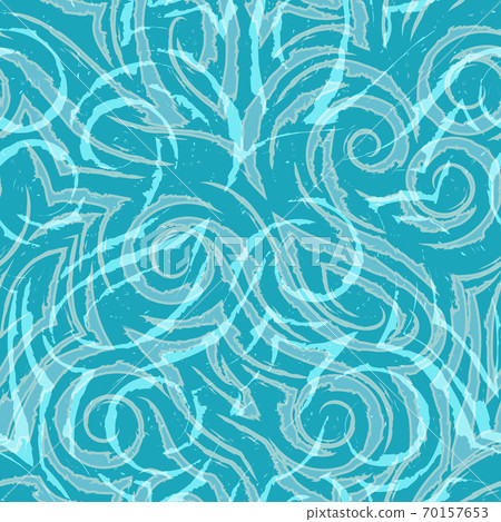 Vector seamless linear pattern on a turquoise background for decor. Texture for fabrics curtains or wrapping paper. Spiral waves bends and loops. 70157653