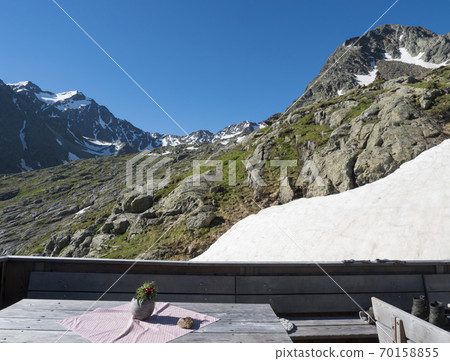 view from terrace of Nurnberger Hutte mountain hut at valley with sharp mountain peaks at Stubai hiking trail, Stubai Hohenweg, Summer rocky alpine landscape of Tyrol, Stubai Alps, Austria. 70158855