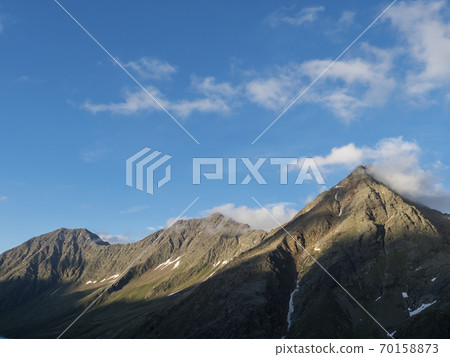 view from Nurnberger Hutte mountain hut at valley with sharp mountain peaks at Stubai hiking trail, Stubai Hohenweg, Summer rocky alpine landscape of Tyrol, Stubai Alps, Austria 70158873