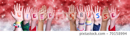 Children Hands Liebe Gruesse Means Greetings, Red Christmas Background 70158994