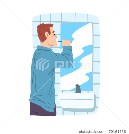 Man Standing in front of Mirror and Brushing his Teeth in Bathroom, Businessman or Office Worker Daily Routine Cartoon Style Vector Illustration 70161558