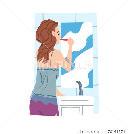 Young Woman Standing in front of Mirror and Brushing her Teeth in Bathroom, Businesswoman or Office Employee Daily Routine Cartoon Style Vector Illustration Young Woman Standing in front of Mirror and Brushing her Teeth in Bathroom, Businesswoman or Office Employee Daily Routine Cartoon Style Vector Illustration 70161574