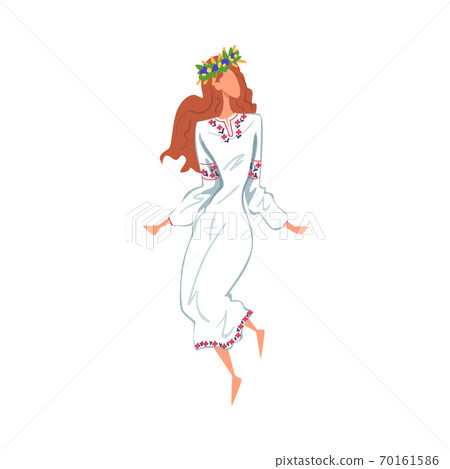 Pagan Ritual Dance, Beautiful Slavic Girl Dancing Wearing Traditional White Dress and Wreath of Flowers Cartoon Style Vector Illustration 70161586