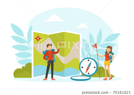 Tiny Tourists Characters with Huge Travel Camping and Hiking Elements, Family Couple Going on Vacation Cartoon Vector Illustration 70161821